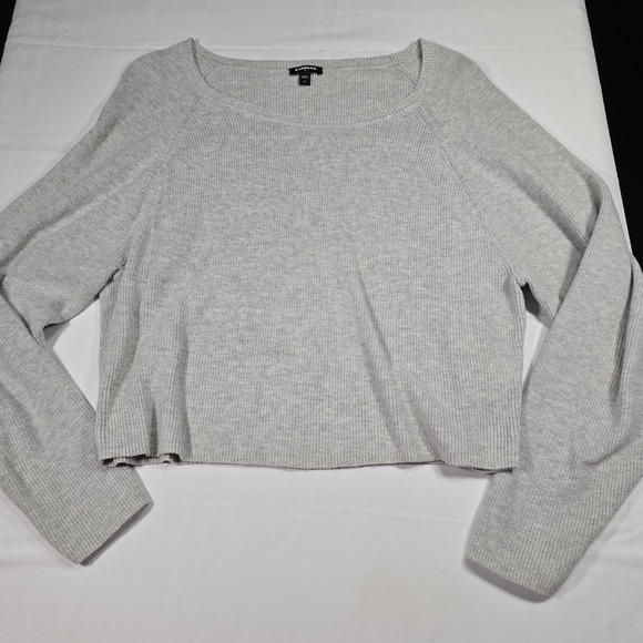 Express Sweaters - Express Womens Gray Ribbed Knit Cropped Cotton Sweater Scoop Neck Long Sleeve M